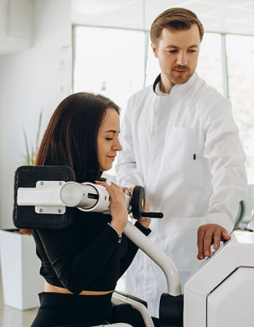 طبيب تقويم العمود الفقري يساعد مريضة أثناء استخدام جهاز